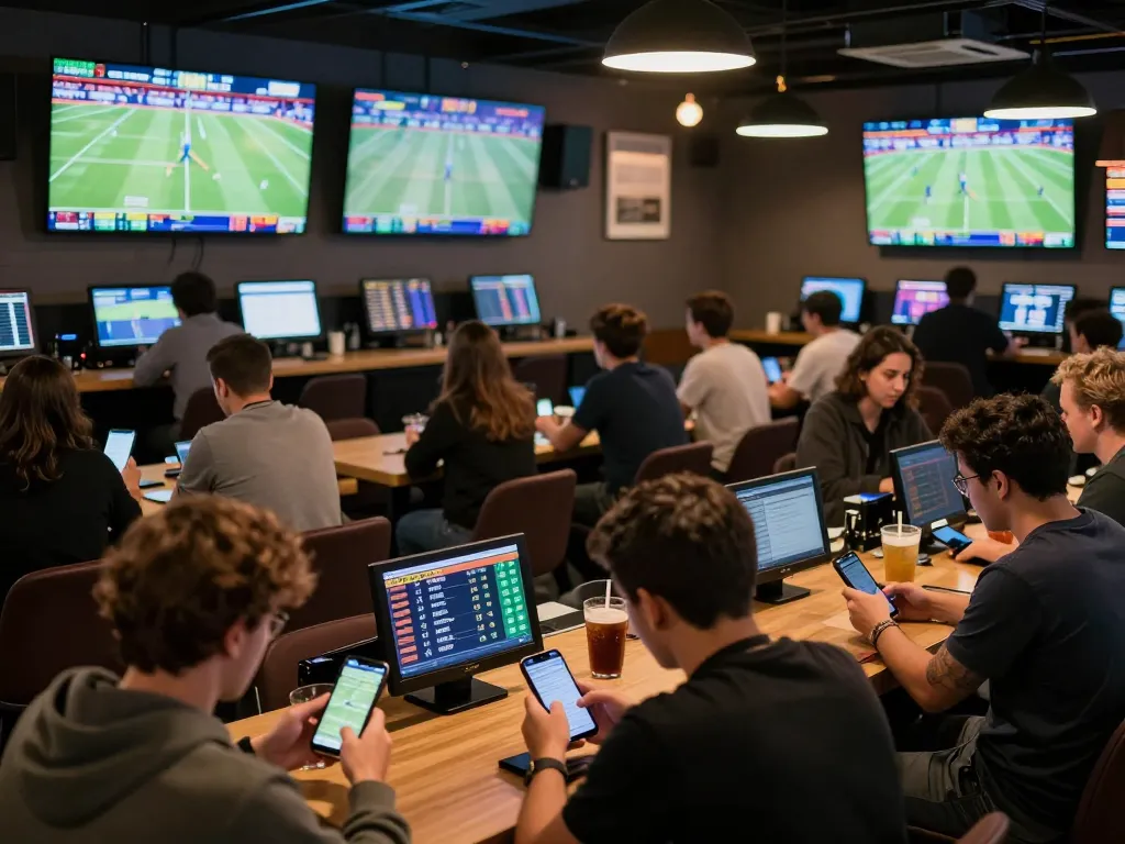 Engaged bettors using keonhacaii88 app in a vibrant sports betting lounge with live match screens.