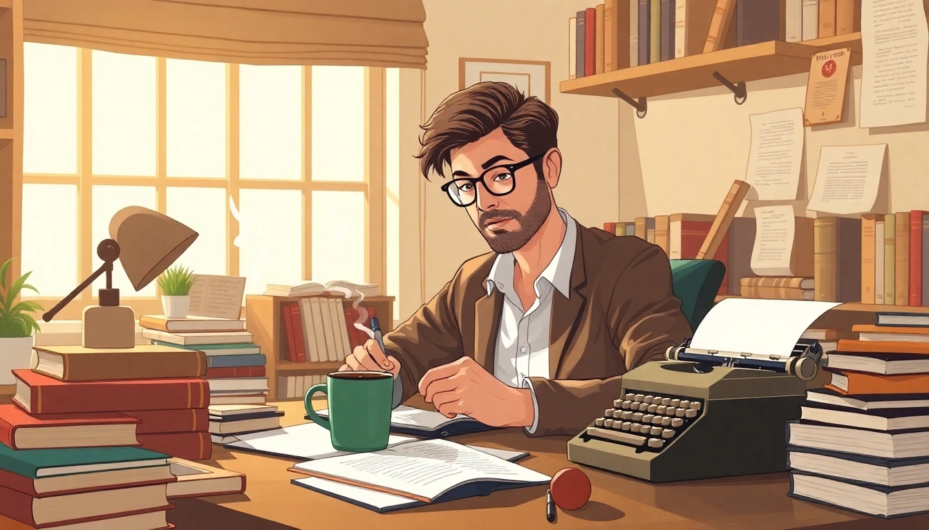 Author writing creatively in a serene office with books and a typewriter.