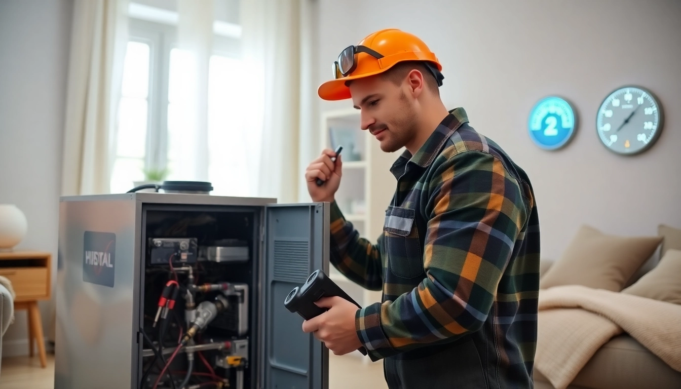 Expert conducting furnace maintenance services in a modern home while ensuring efficiency and safety.