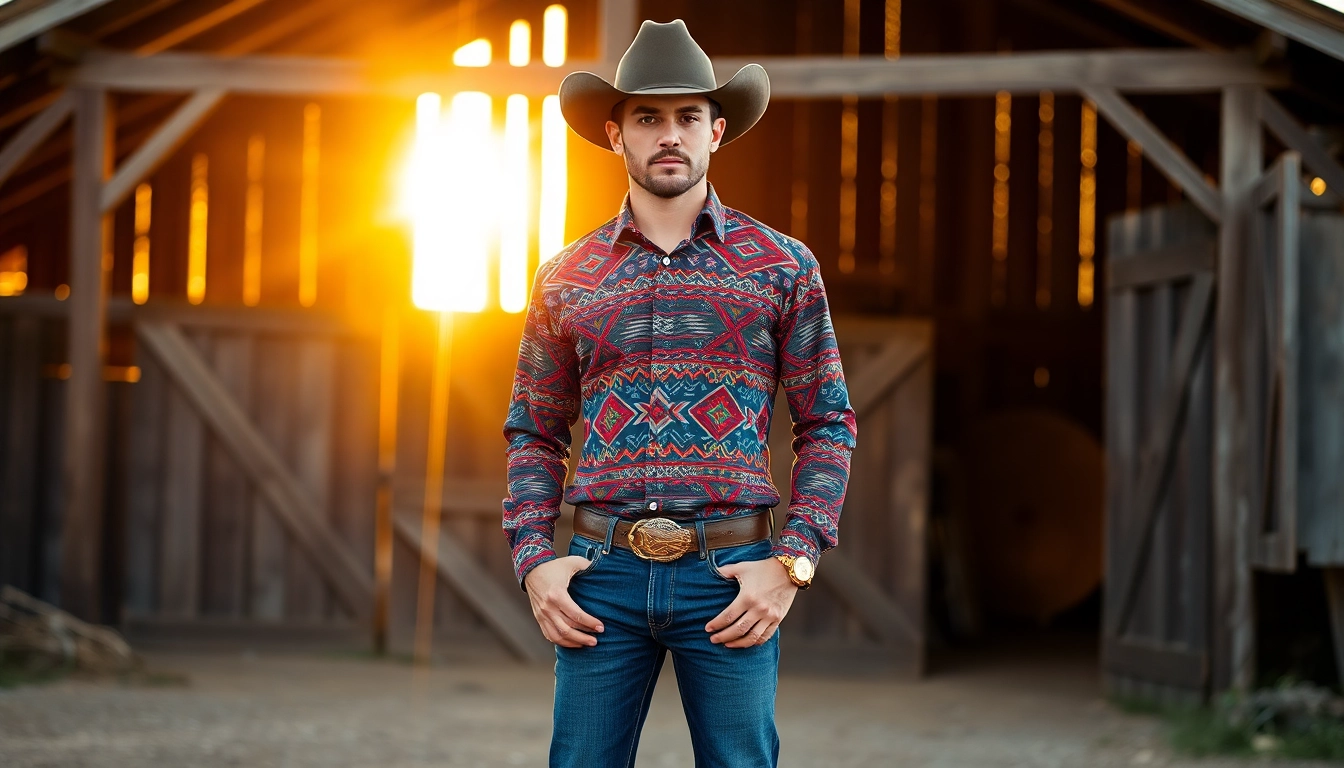 Model showcasing Aztec Print Western Wear with intricate designs in a rustic outdoor setting.