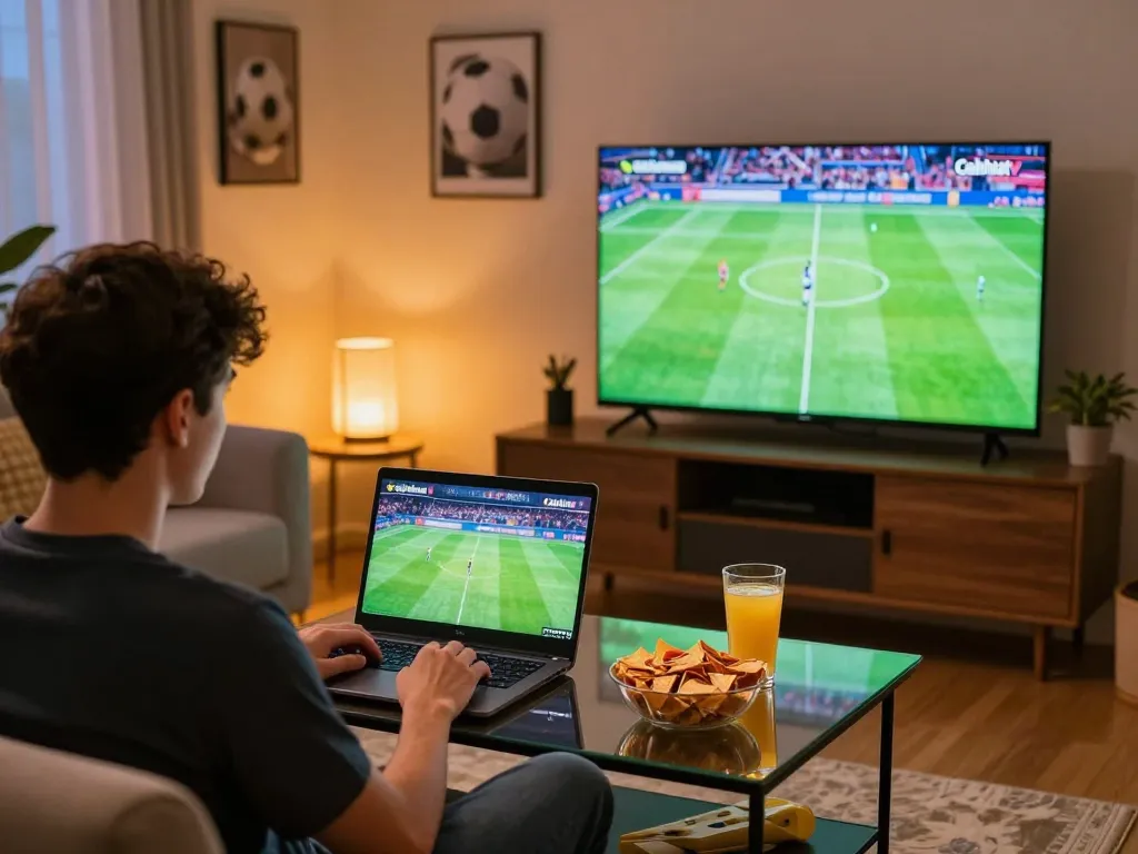 Engage in footbal stream Cakhiatv from a cozy home setup with a laptop and live match display.