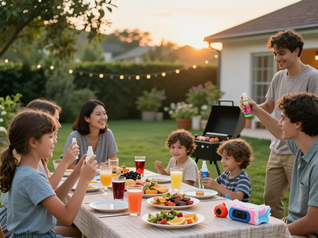 Family gathering enjoying mosquito repellent during a summer barbecue outdoors