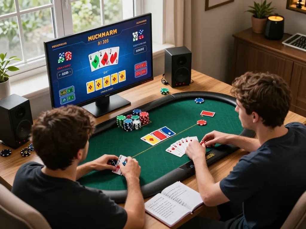 Players strategizing during an online poker session at 388bet, with vibrant cards and chips vivid on the screen.