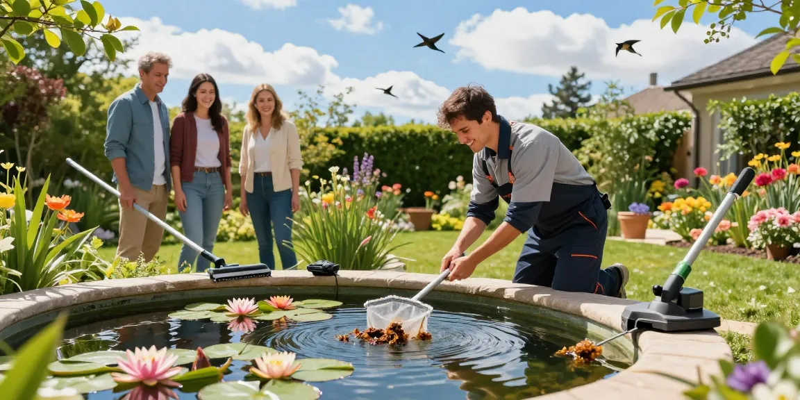 Pond Clean Surrey service in action, technician cleaning a vibrant backyard pond surrounded by greenery.