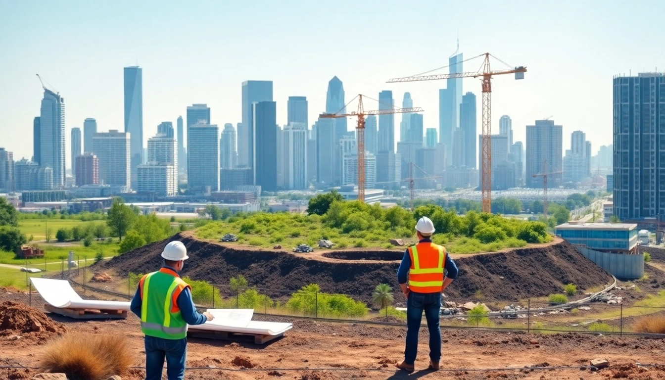 Illustration of Real Estate Development showcasing construction progress near urban skyline.