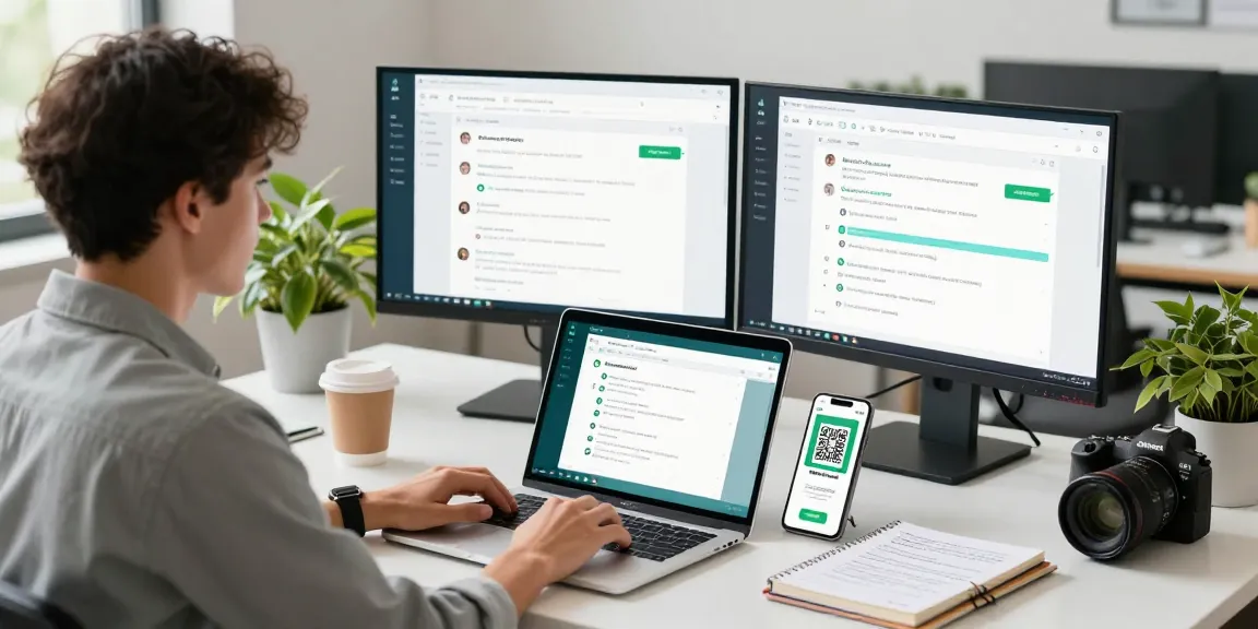 Young professional using WhatsApp網頁版 at a modern workspace with dual monitors and QR code.