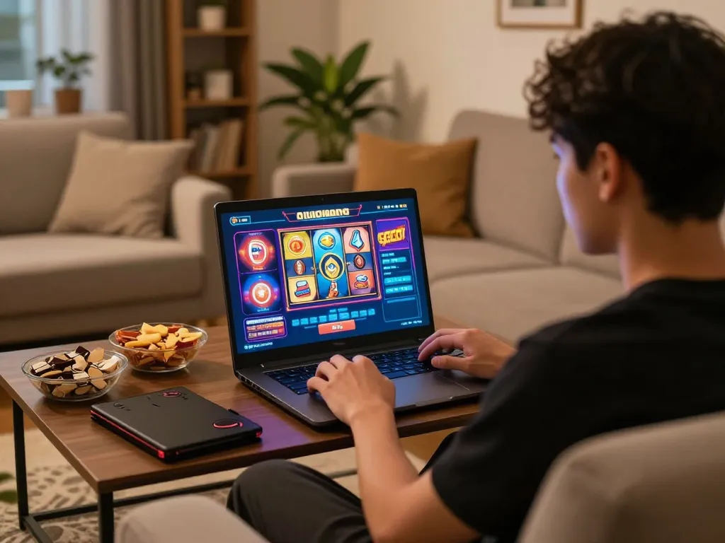 Player engaging with slot server thailand gacor game on laptop in cozy home setup, showing responsible gaming atmosphere.