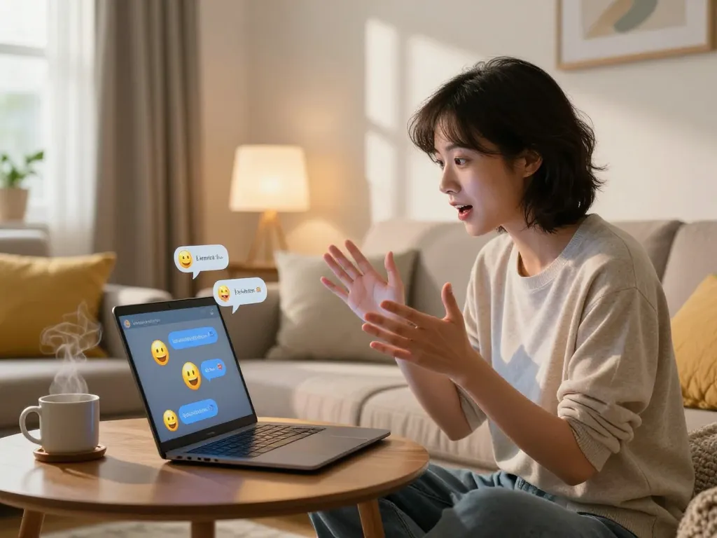 Engaged user in a lively sex chat ai conversation on a modern laptop, reflecting personalized interaction and intimacy.
