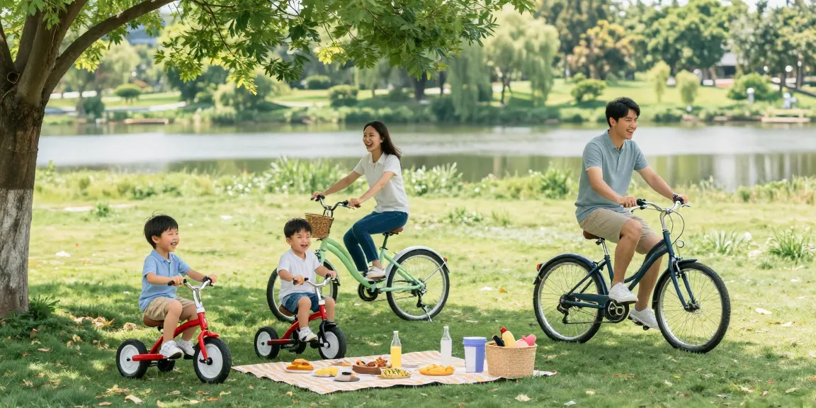 Family enjoying tricycles in the park on a sunny day.