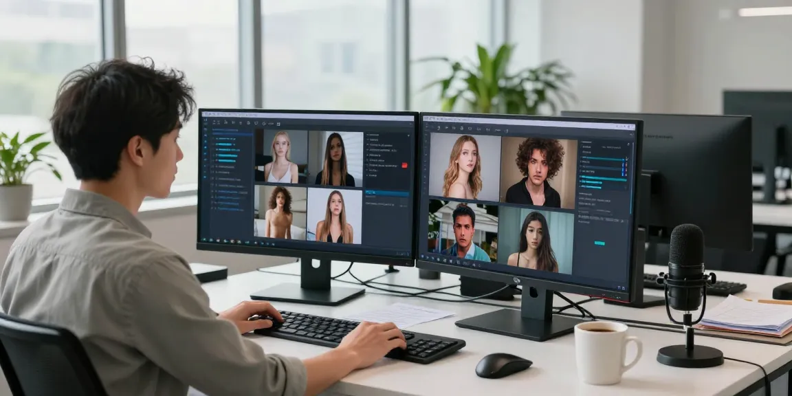 AI detector interface on dual monitors analyzing content in a modern office setting.