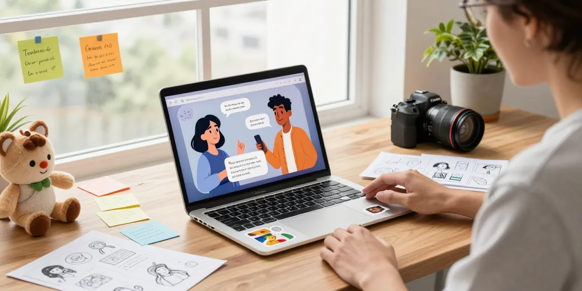 User enjoying Tavern AI in a creative workspace, engaging with AI characters on a laptop, with storyboards and ideas visible.