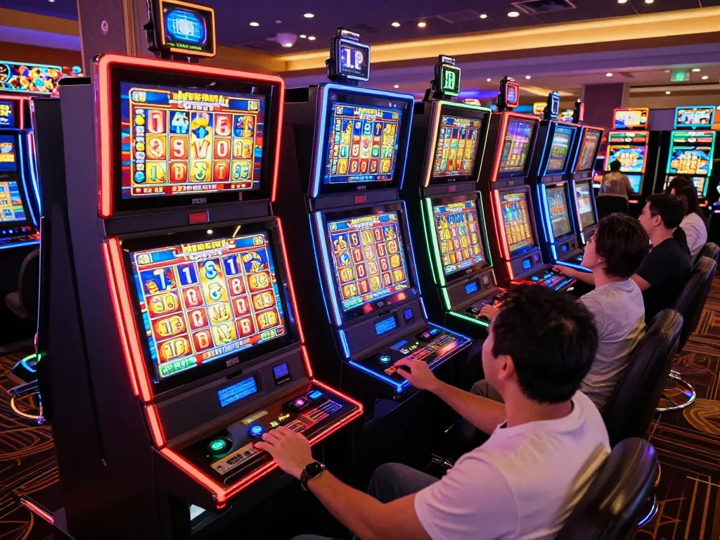 Engaged players enjoying slot77 machines with vibrant displays in a lively casino.
