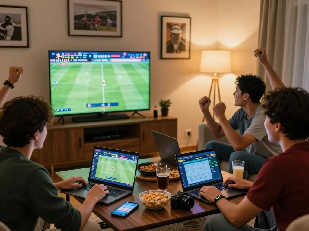 Teman-teman menikmati judi bola online di ruang tamu yang ramai selama pertandingan sepak bola.