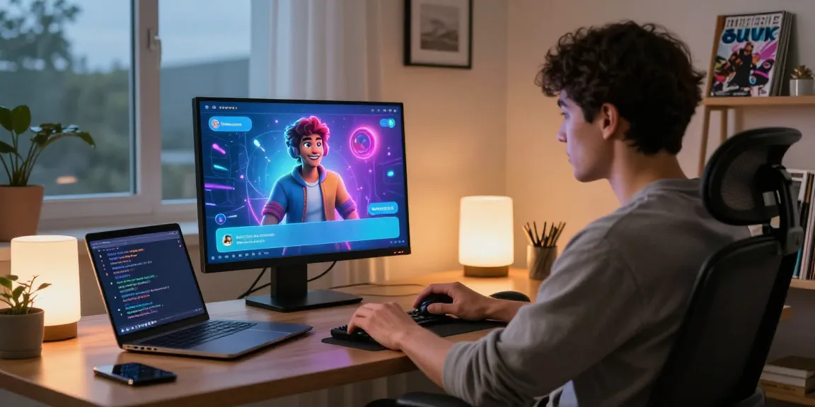 Interactive NSFW AI chat session in a modern home office with vibrant characters and digital displays.