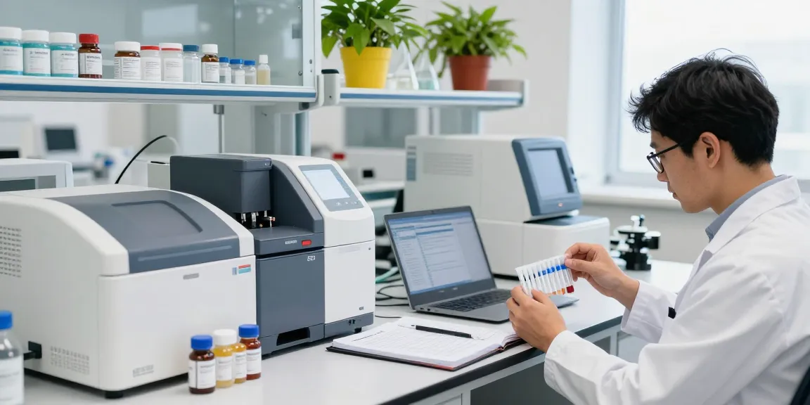 Researcher analyzing SwissChems peptides in a modern lab environment with high-tech equipment.