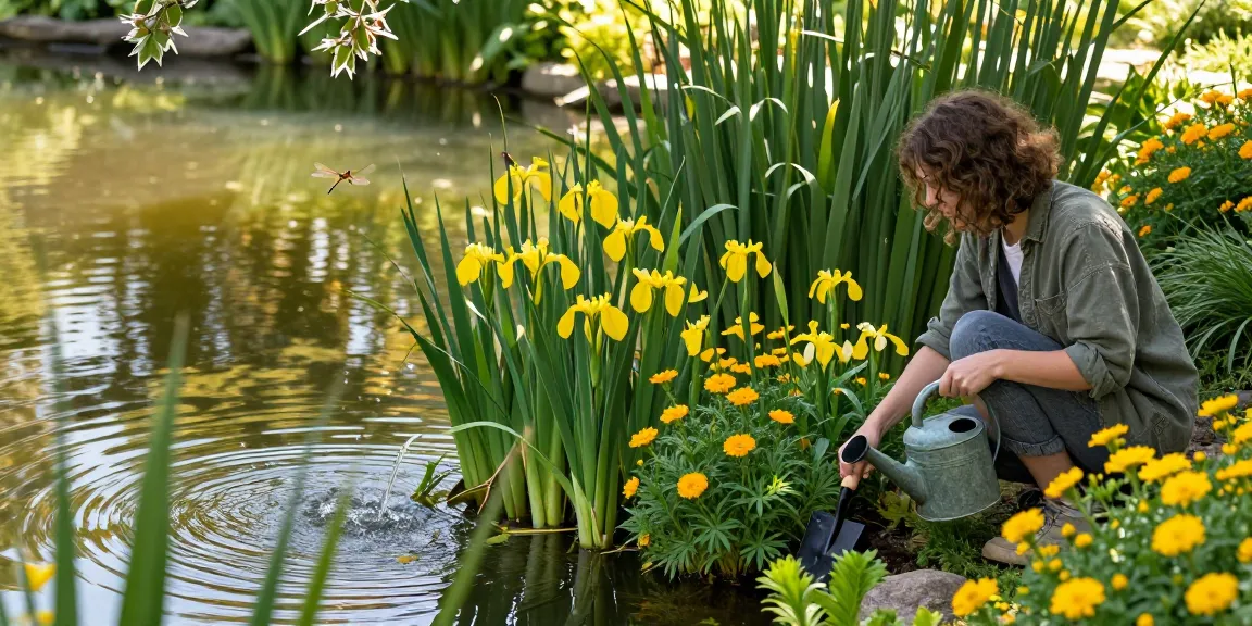 Gardener tending to Marginal Pond Plants beside a serene pond, showcasing vibrant aquatic flora.