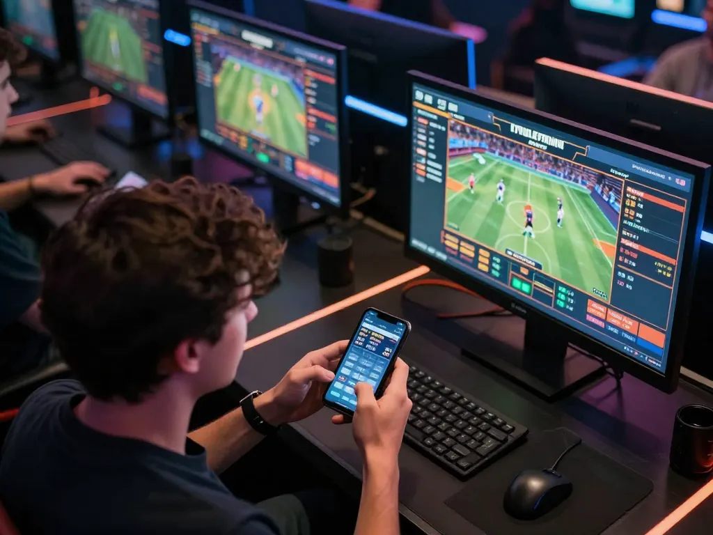 Engaging in sports betting through f8betz's dynamic online platform, analyzing odds with smartphone in hand.