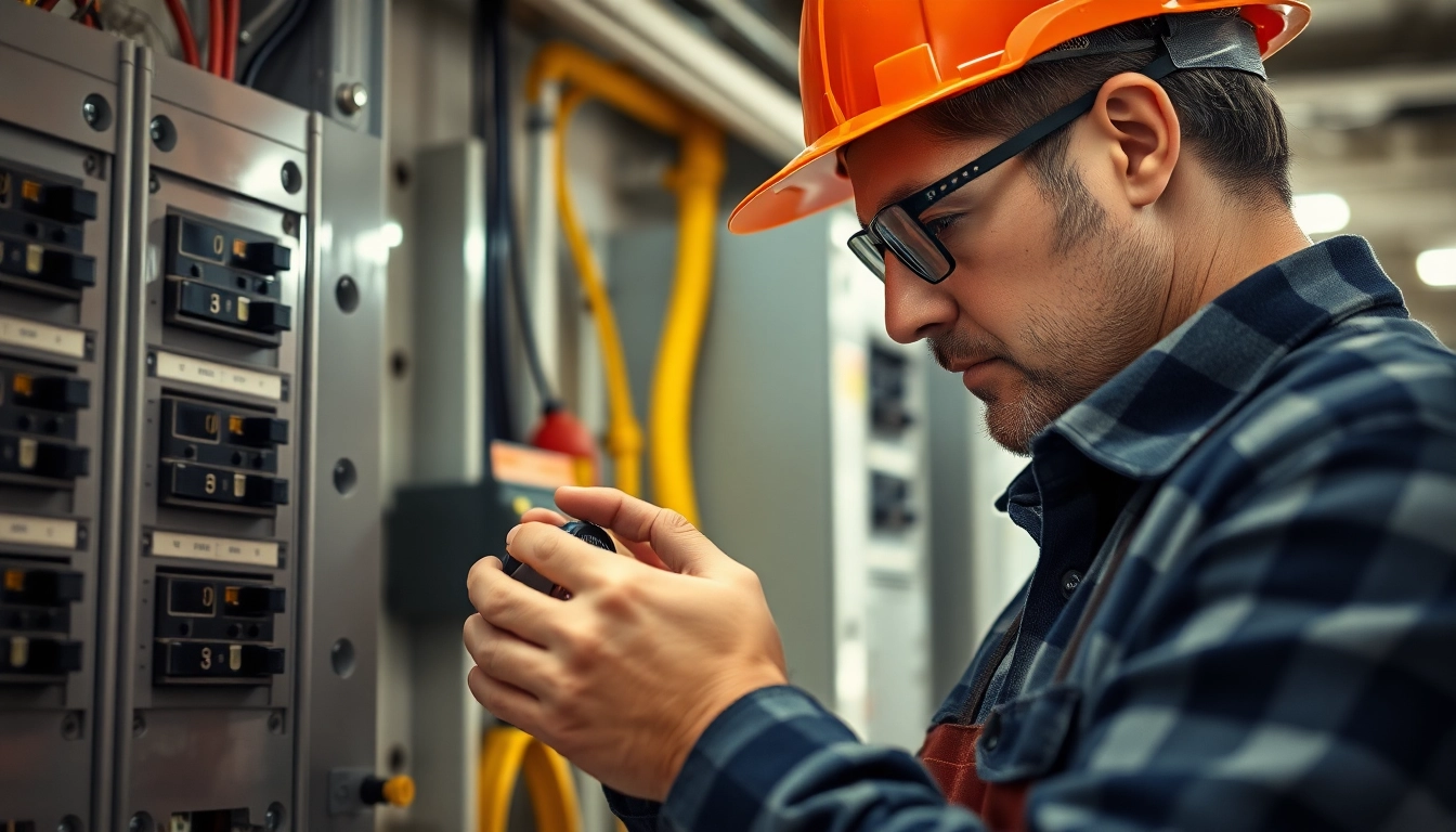 Engaging in electrical service maintenance, an electrician inspects wiring and circuit breakers for safety.