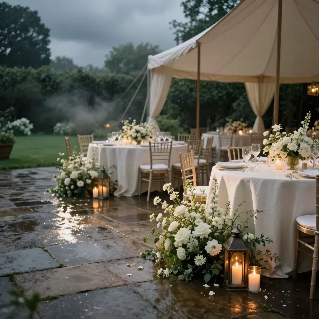 Rain-kissed wedding courtyard with candles, florals, and sailcloth tent at dusk