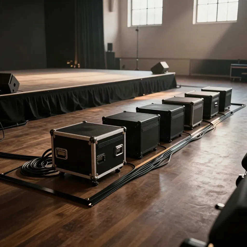 Polished ballroom stage with risers, AV cases, tucked cables, and uplights in warm haze.