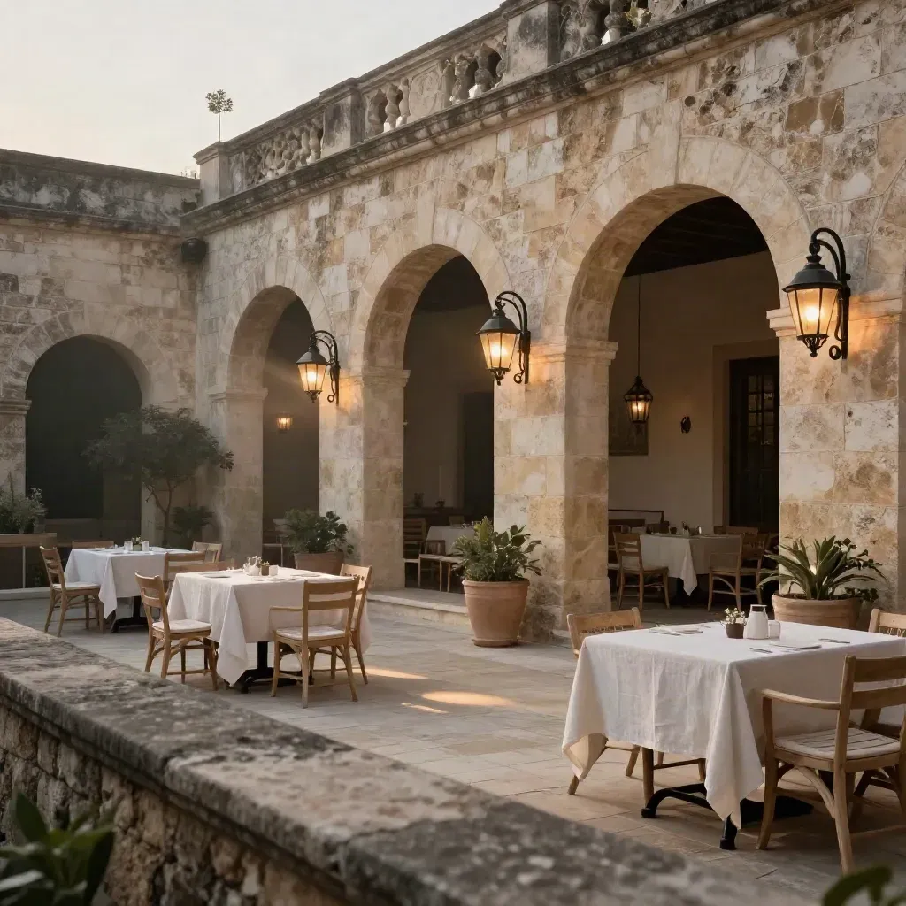 Heritage limestone courtyard with archways, terrace seating and lantern glow at dusk