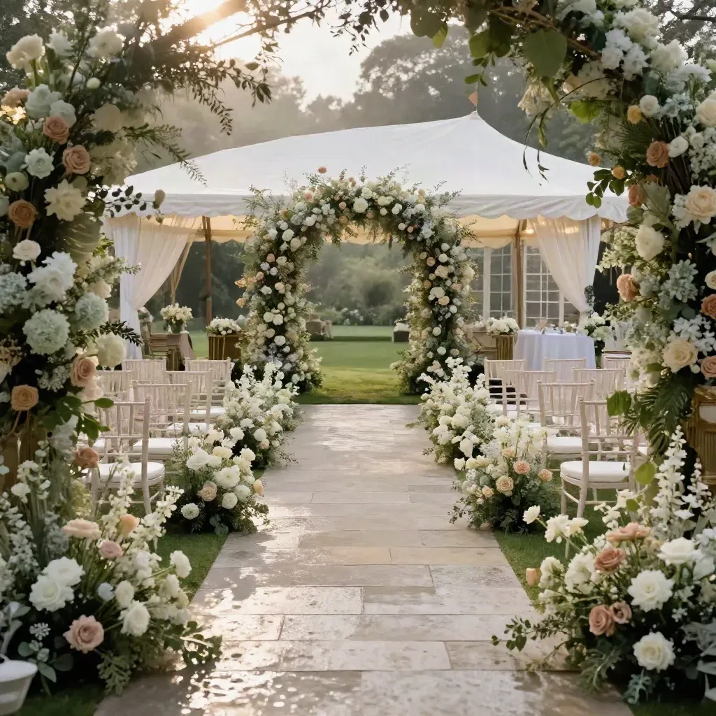Elegant wedding garden with stone aisle, ivory chairs, florals, and a tented reception edge.