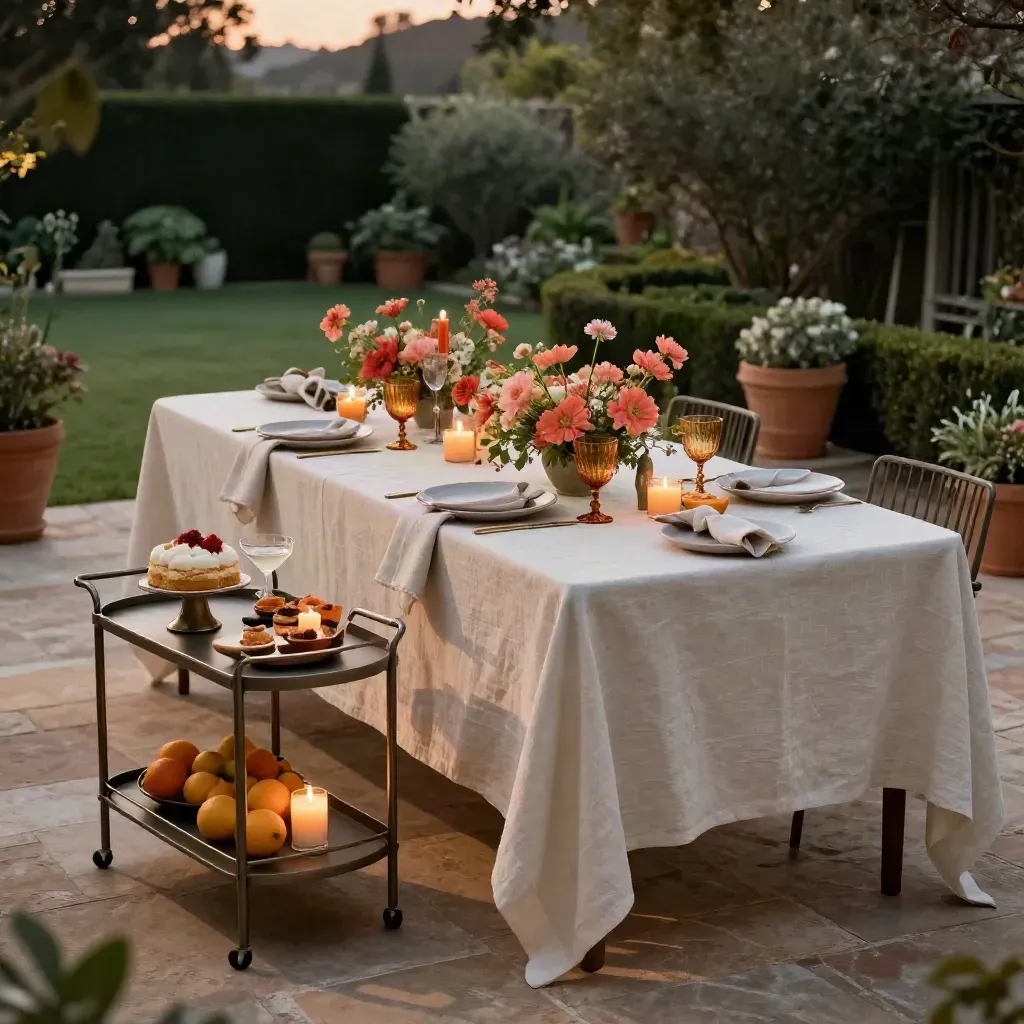 Backyard dinner terrace styled for a birthday, with linen table, florals, bar cart, and candlelight.
