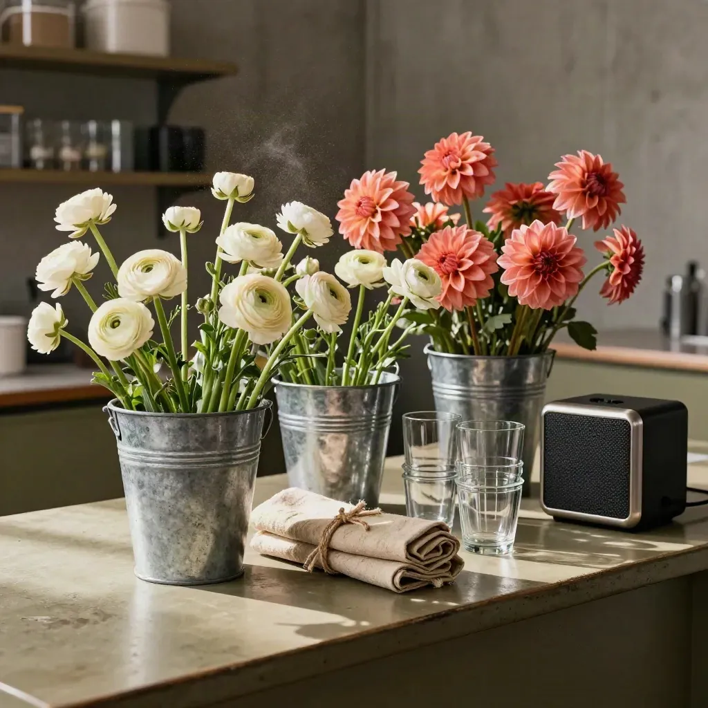 Floral buckets, linen rolls, glassware and speaker case arranged on a prep counter in warm light.