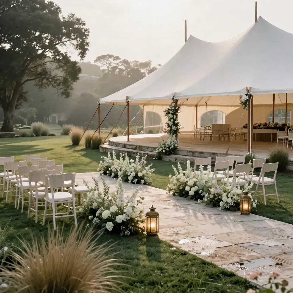 Austin hill-country wedding lawn with ivory chairs, meadow florals, and a glowing sailcloth tent after rain.