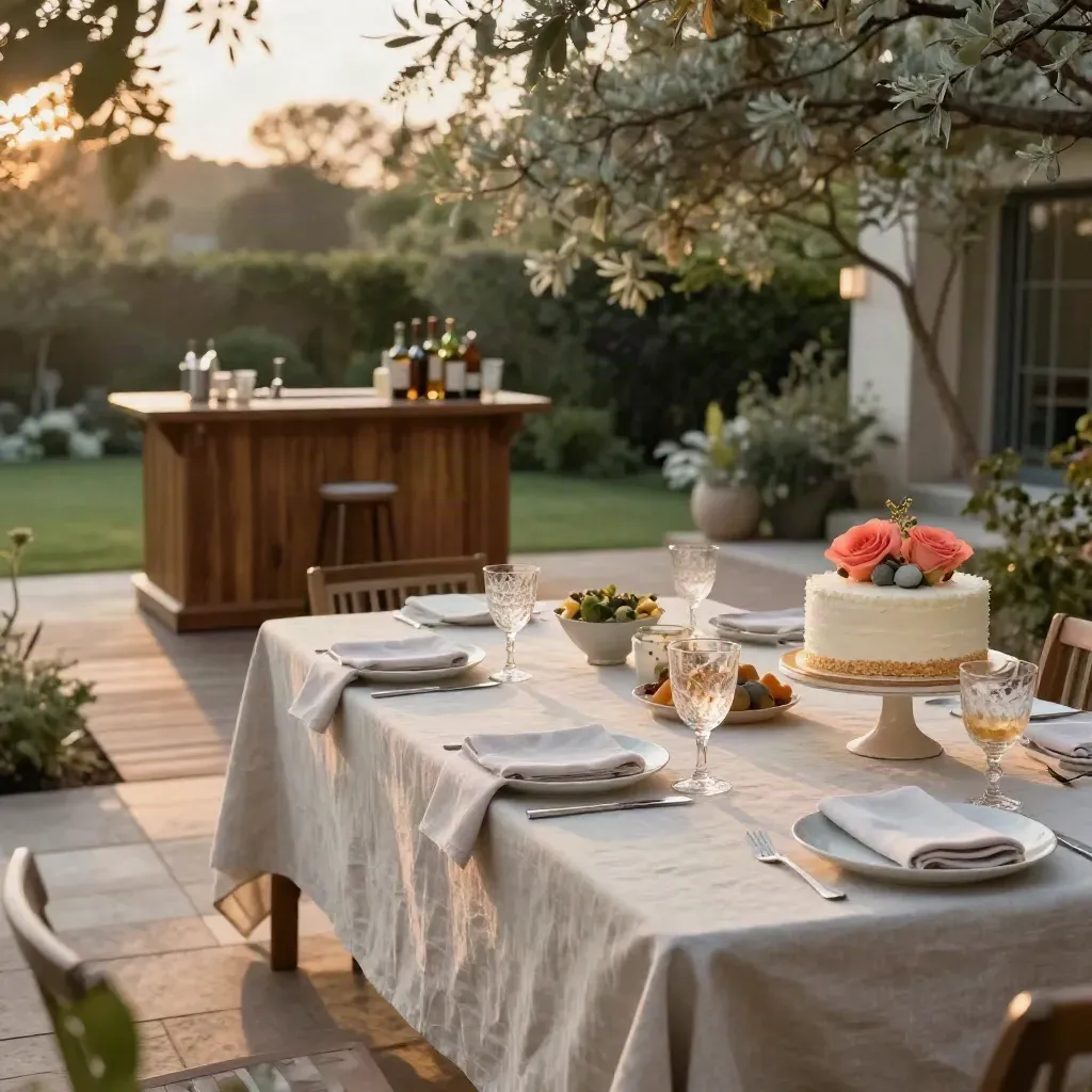 Golden-hour backyard birthday dinner setup with linen table, compact bar, cake pedestal, and shade trees.