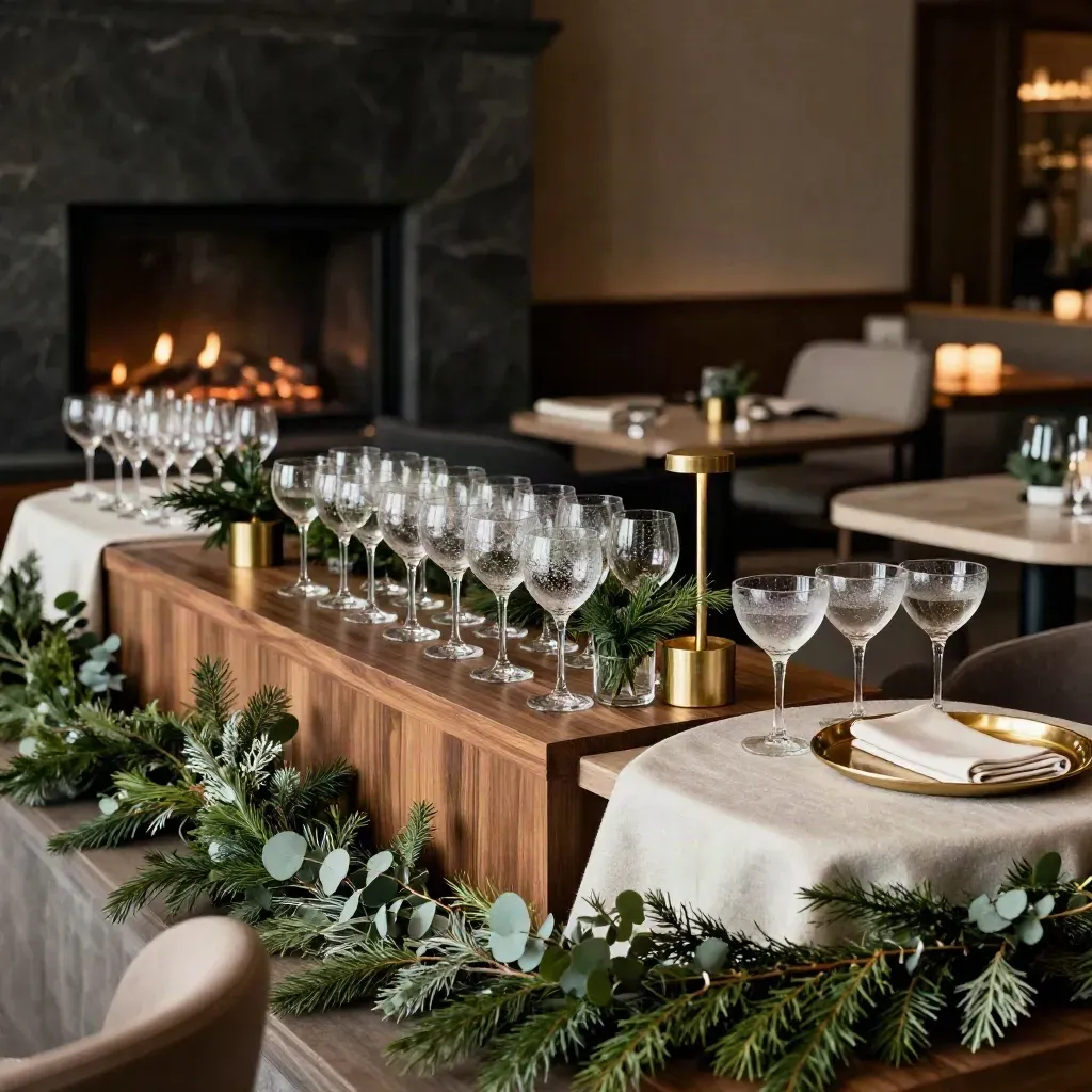 Holiday mixer lounge with high-tops, evergreen accents, stemware, and a glowing fireplace niche.