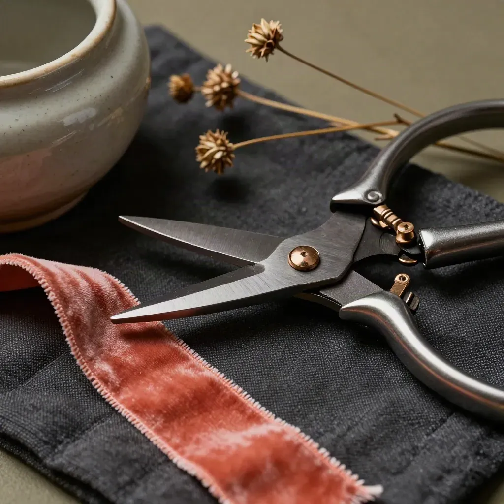 Floral shears, coral ribbon, ceramic rim and dried stems on dark linen in side light.