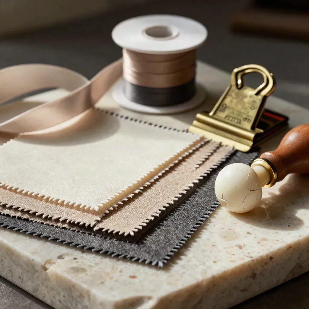 Extreme macro of swatches, ribbon spools, wax seals, and brass clamp on travertine.