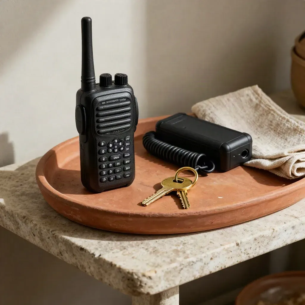 Overhead still life of event manager tools on a terracotta tray with brass key ring and walkie-talkie