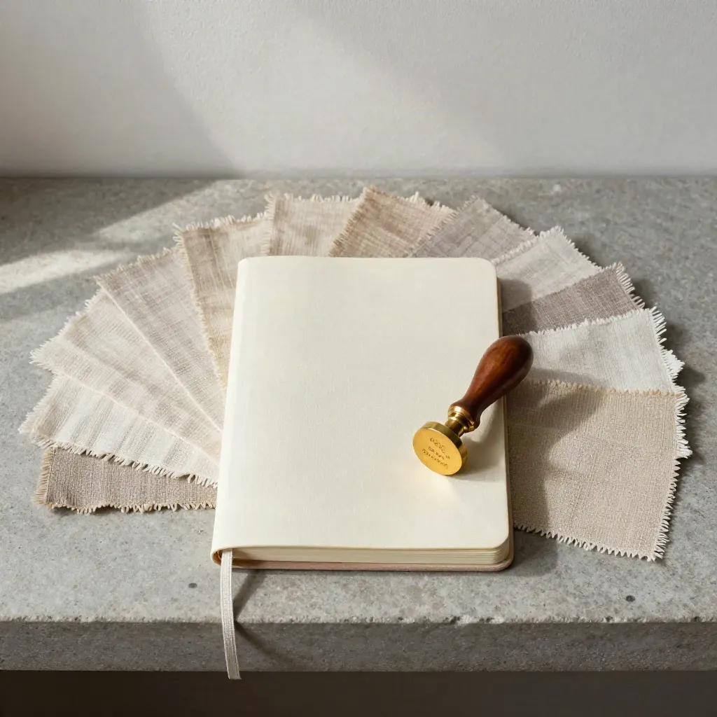 Ivory notebook, brass seal stamp, and linen swatches on stone in soft side light.