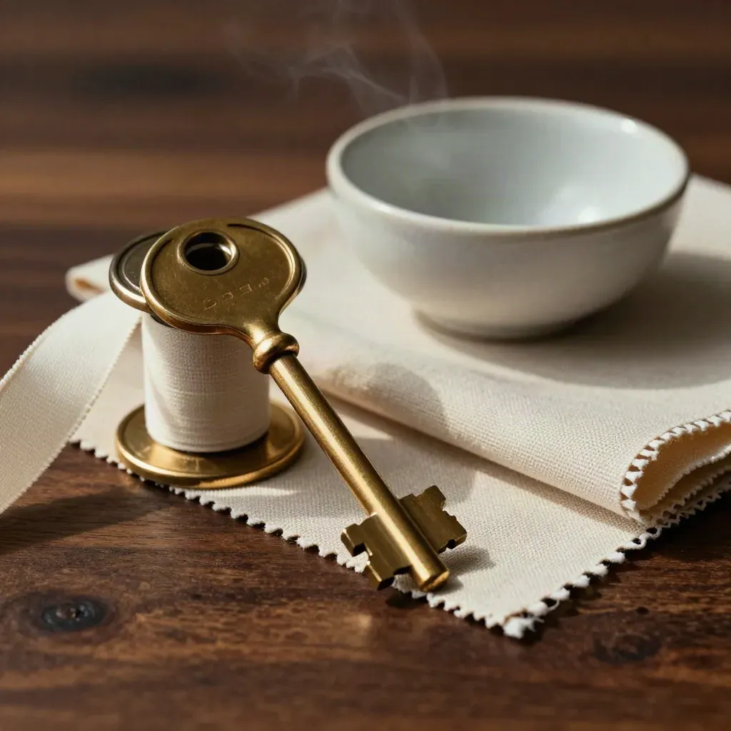 Brass key, ribbon spool, linen sample and ceramic bowl on dark wood in soft side light.