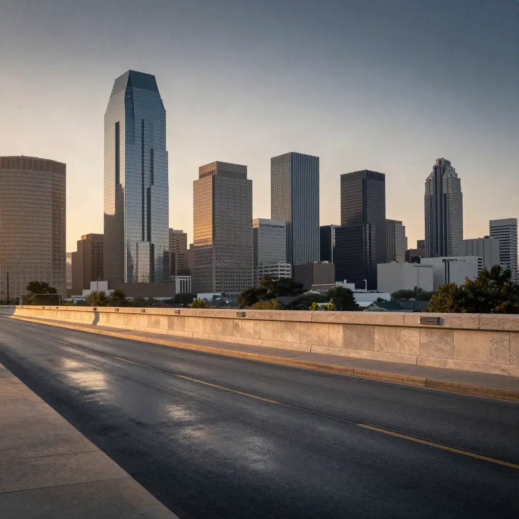 Dallas-Fort Worth skyline at golden hour above a calm reflective roadway and hazy urban horizon