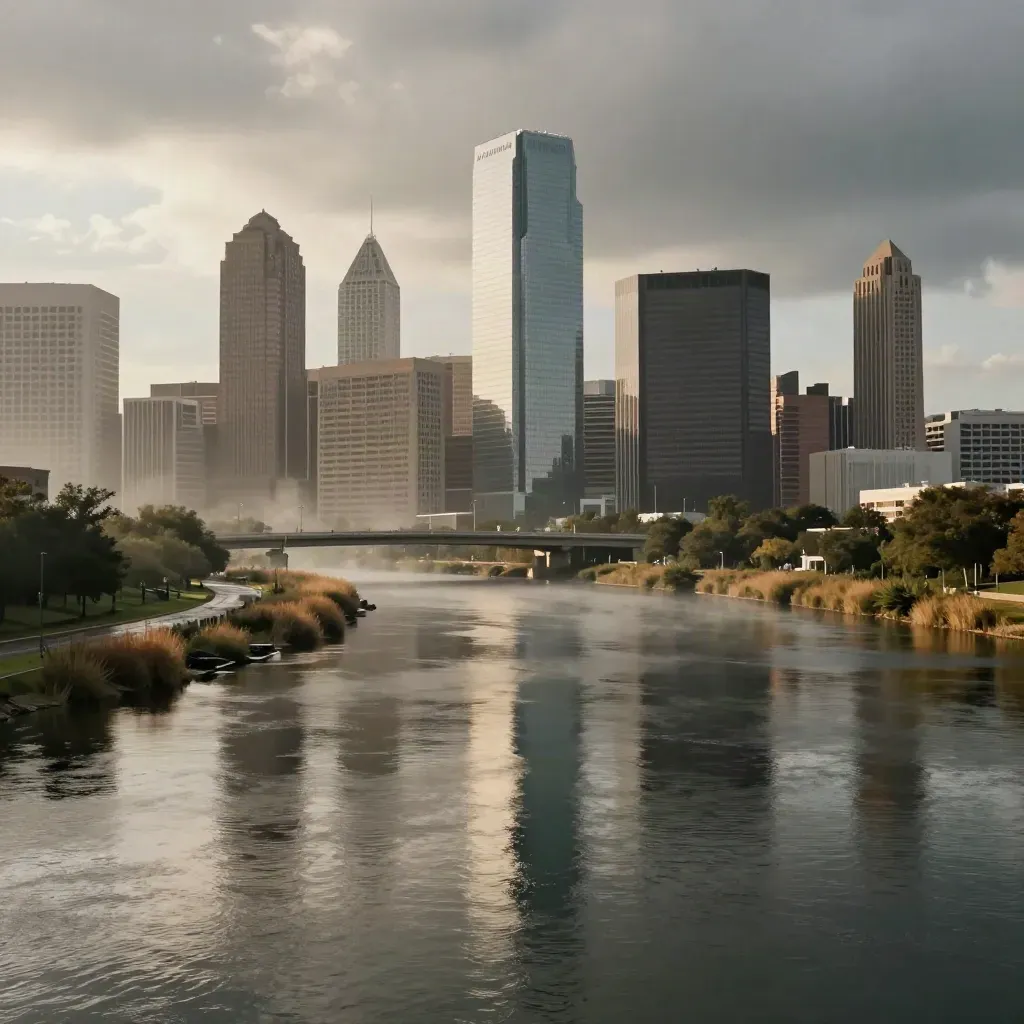 Houston skyline beyond a humid bayou bend after rain, with wet roadway sheen and soft haze.