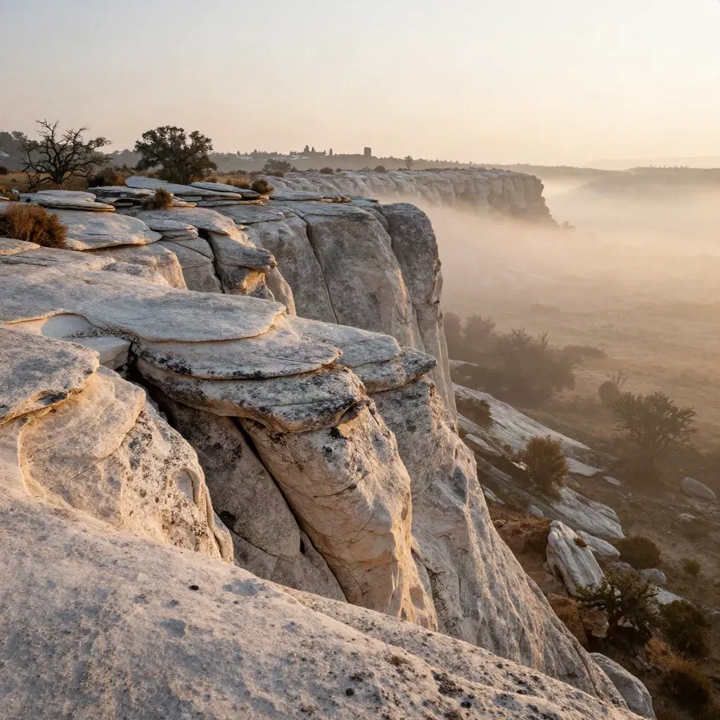 Misty Hill Country ridge with distant mission silhouettes at dawn.