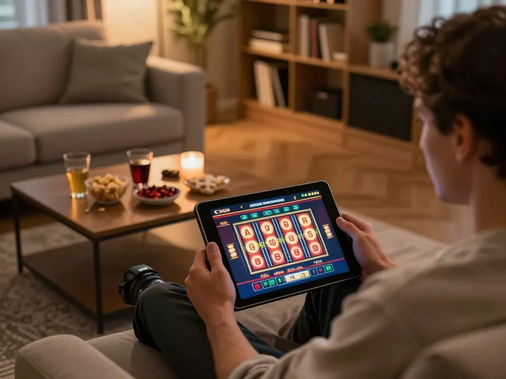 Engaging in casino esteri per italiani, enjoying online slot gaming on a tablet in a cozy home setting
