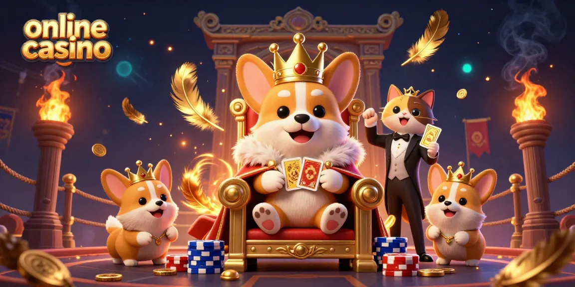 Experience the excitement of an online casino with this vibrant illustration featuring a royal corgi and dynamic game elements.