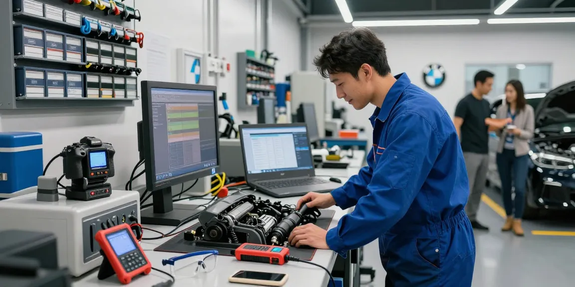 BMW Werkstatt Hannover - professioneller Mechaniker inspiziert BMW-Motor in gut ausgestatteter Werkstatt