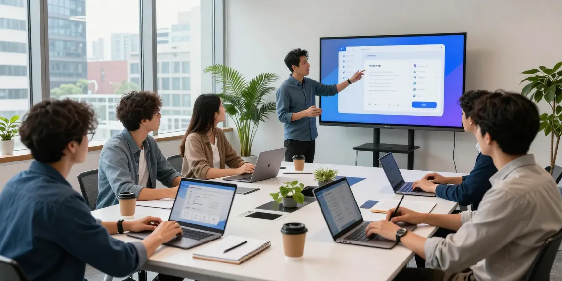 Team brainstorming and collaborating on the 纸飞机中文版 in a dynamic tech office environment, showcasing modern tools and vibrant city views.