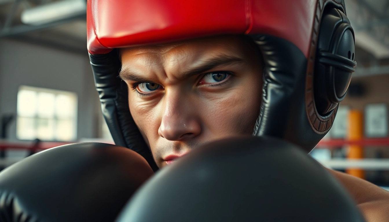 Training mit Kopfschutz im Boxen – Ein professioneller Boxer fokussiert sich.
