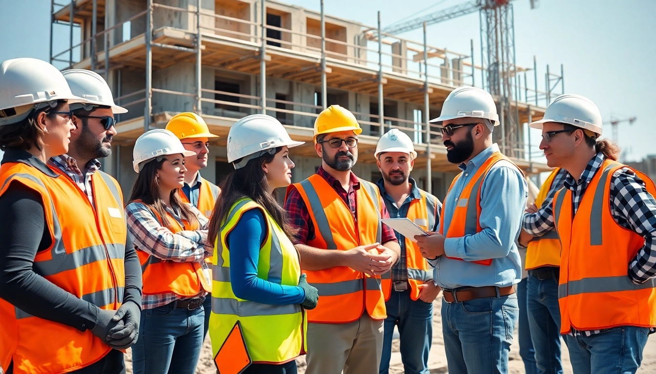 Engaged construction safety training session in protective gear at a construction site.