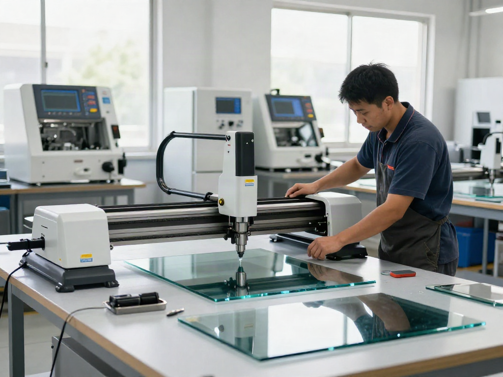 Eworld Machine technician operating advanced glass cutting machinery in a modern workshop.