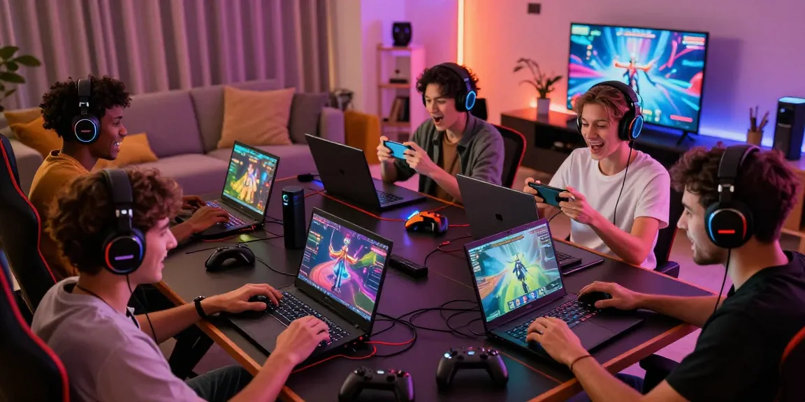 Engaged players enjoying diverse xxx games on various devices in vibrant gaming setup.