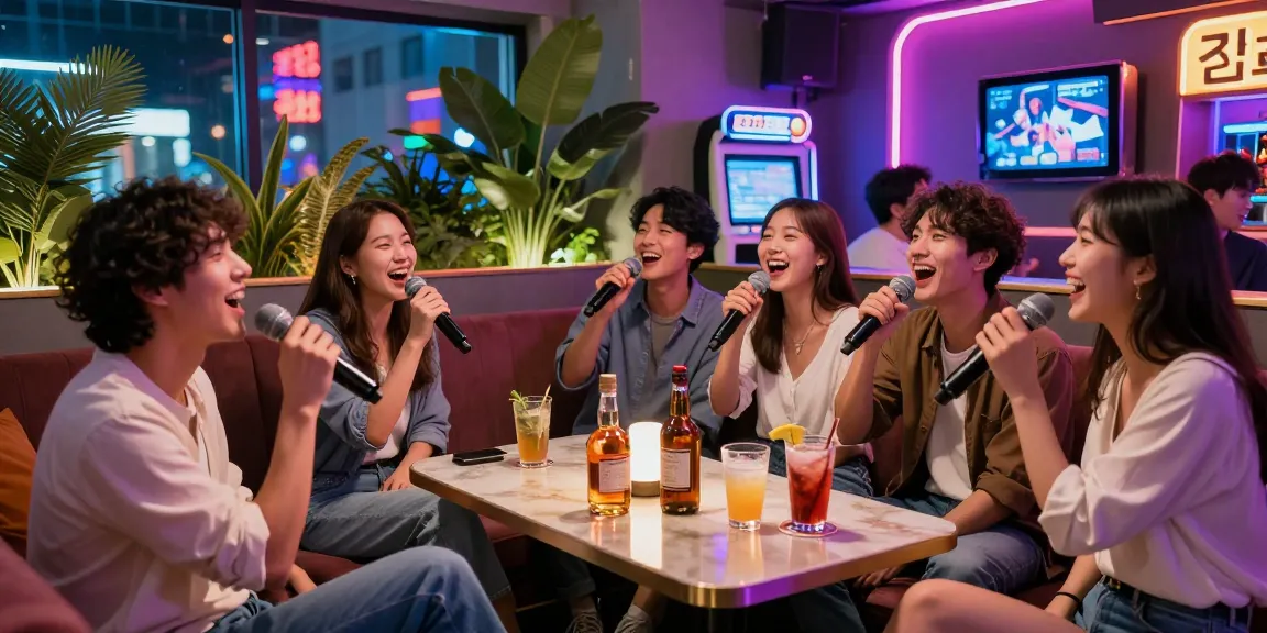 Engaging 제주유흥 scene at a lively karaoke lounge with friends enjoying whiskey and laughter in vibrant lighting.