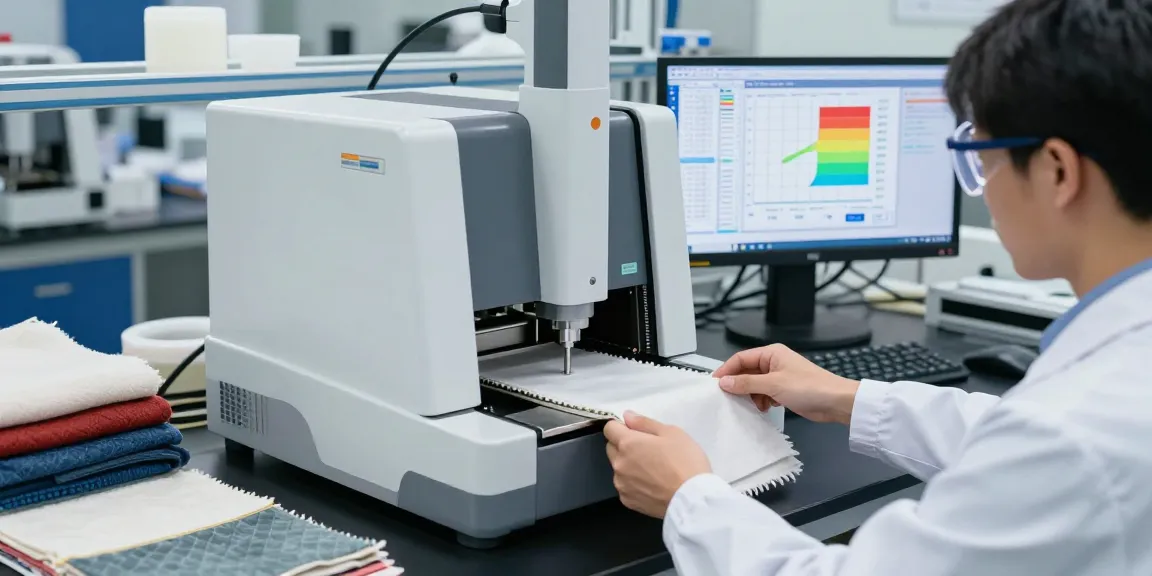 Technician using a universal tensile tester in a textile testing lab, ensuring accurate fabric strength measurements.