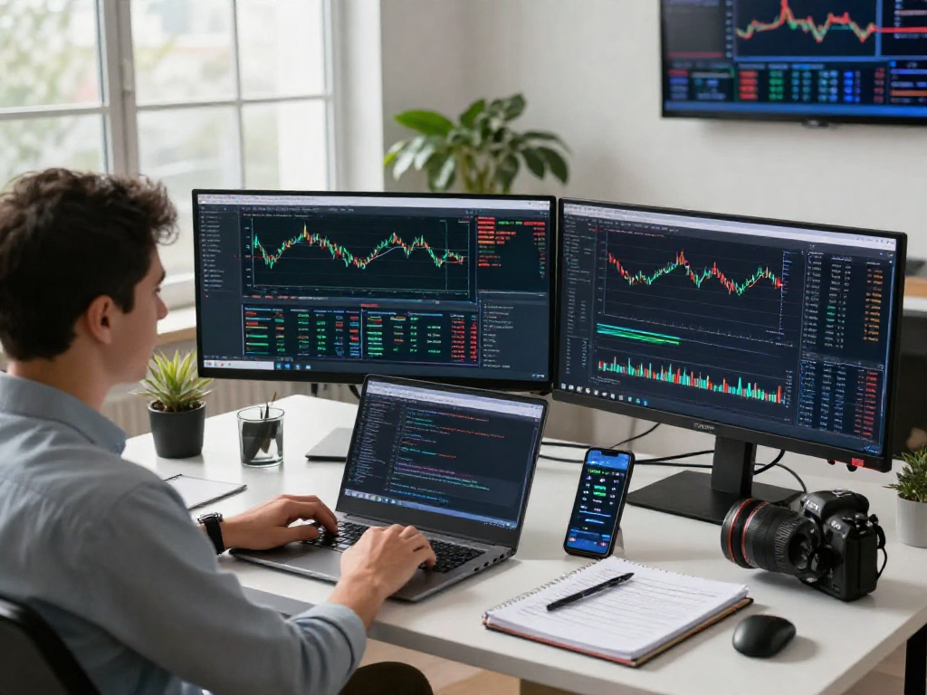 Trader utilizing metatrader 5 on multiple monitors in a bright professional workspace.